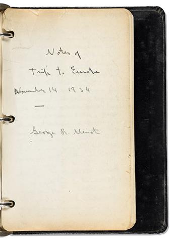 (NOBEL LAUREATES.) MINOT, GEORGE R. Autograph Manuscript Signed, twice, his personal journal kept during trip between Boston and Stockh